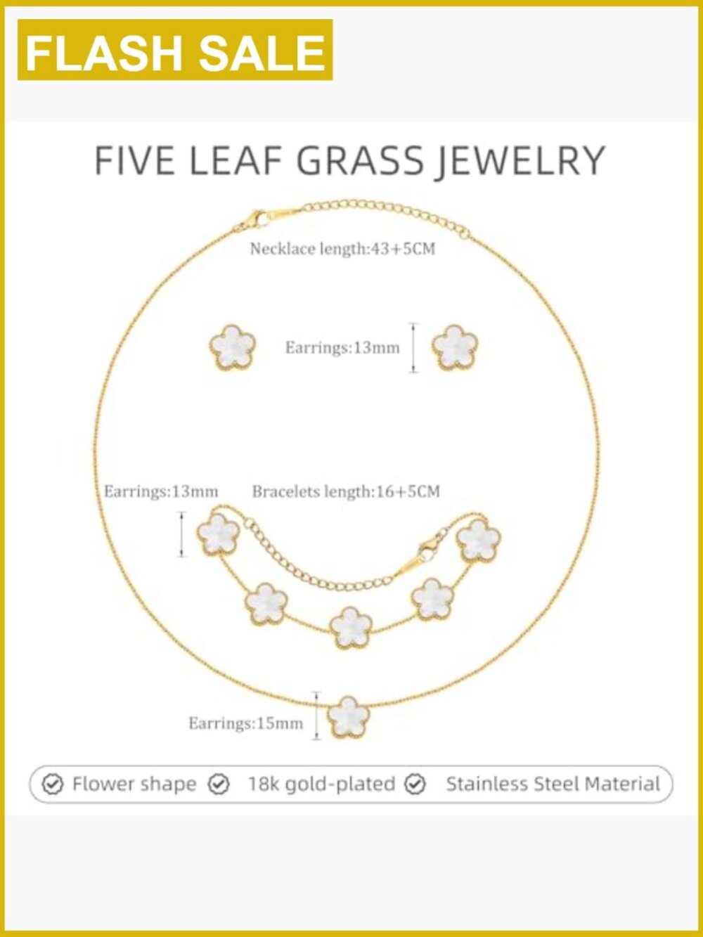 Floral 3-piece Jewelry Set: Necklace, Bracelet, Earrings - 18K Gold Plated, - Picture 6 of 7